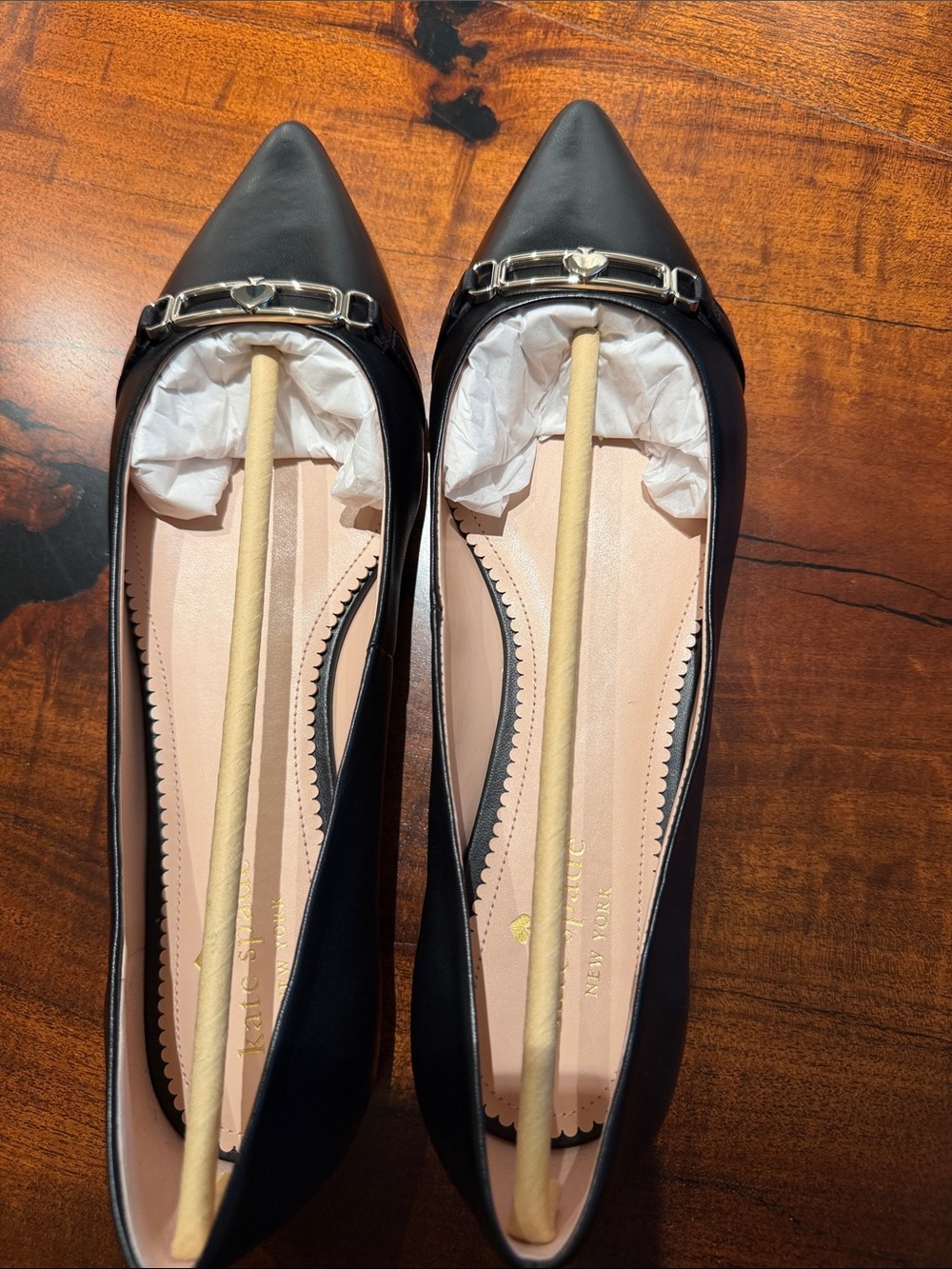 Brand New kate spade Black Pointed-Toe Flats with Silver Heart Accent.